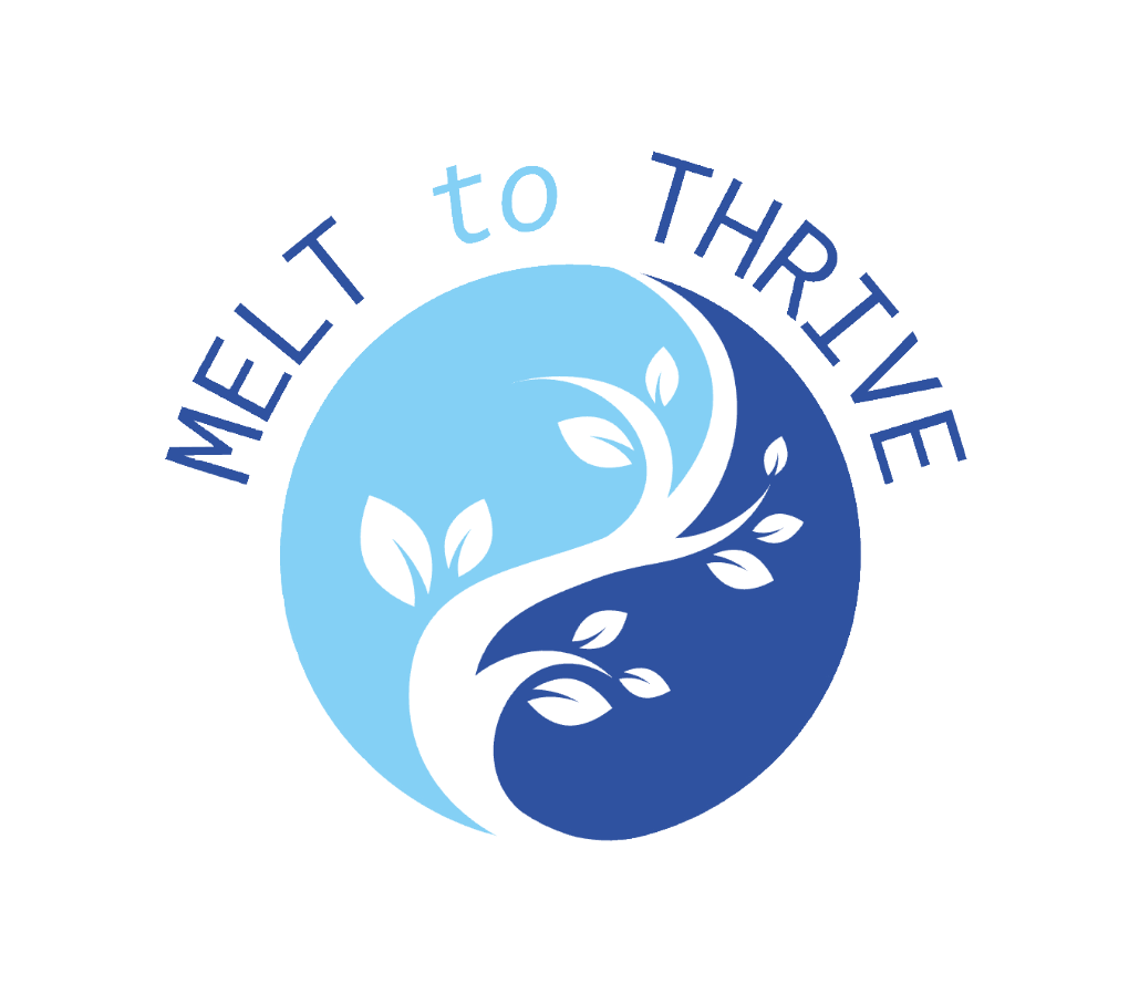 Melt To Thrive Logo featuring a branch with leaves, light blue, dark blue, and white.